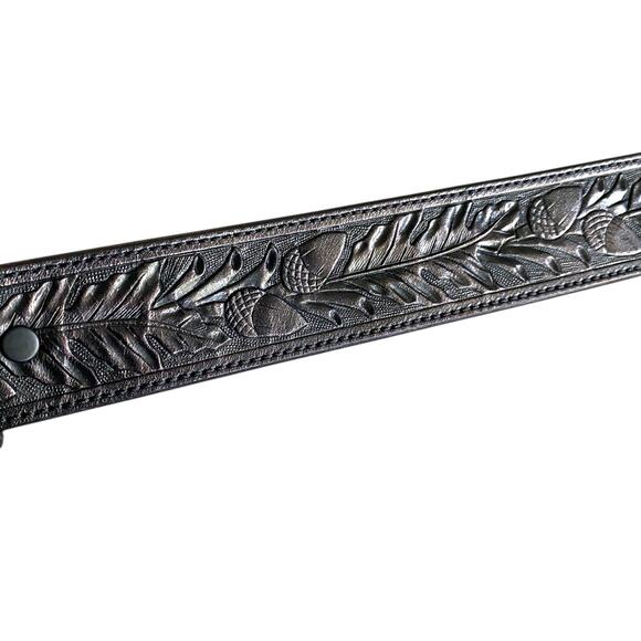 VTG Western Acorn Tooled Sz 32” Dark Brown Gun Metal Buckle Rhinestone Bling - Picture 11 of 12